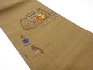 リサイクル　手織り紬汕頭相良刺繍抽象野菜模様名古屋帯
